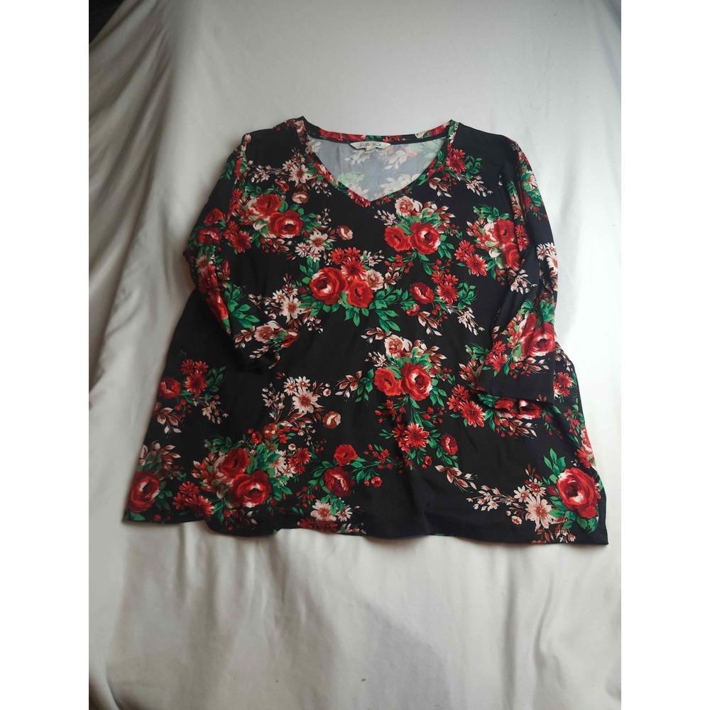 Pioneer Woman Floral V-Neck Tunic Top XL Black Red Rose 3/4 Sleeve